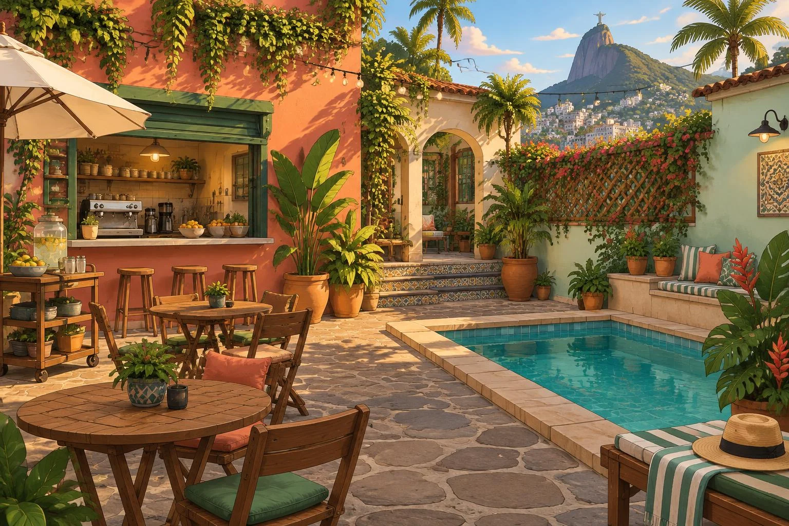 Pátio tropical do Amaré Hostel, com o Rio de Janeiro ao fundo