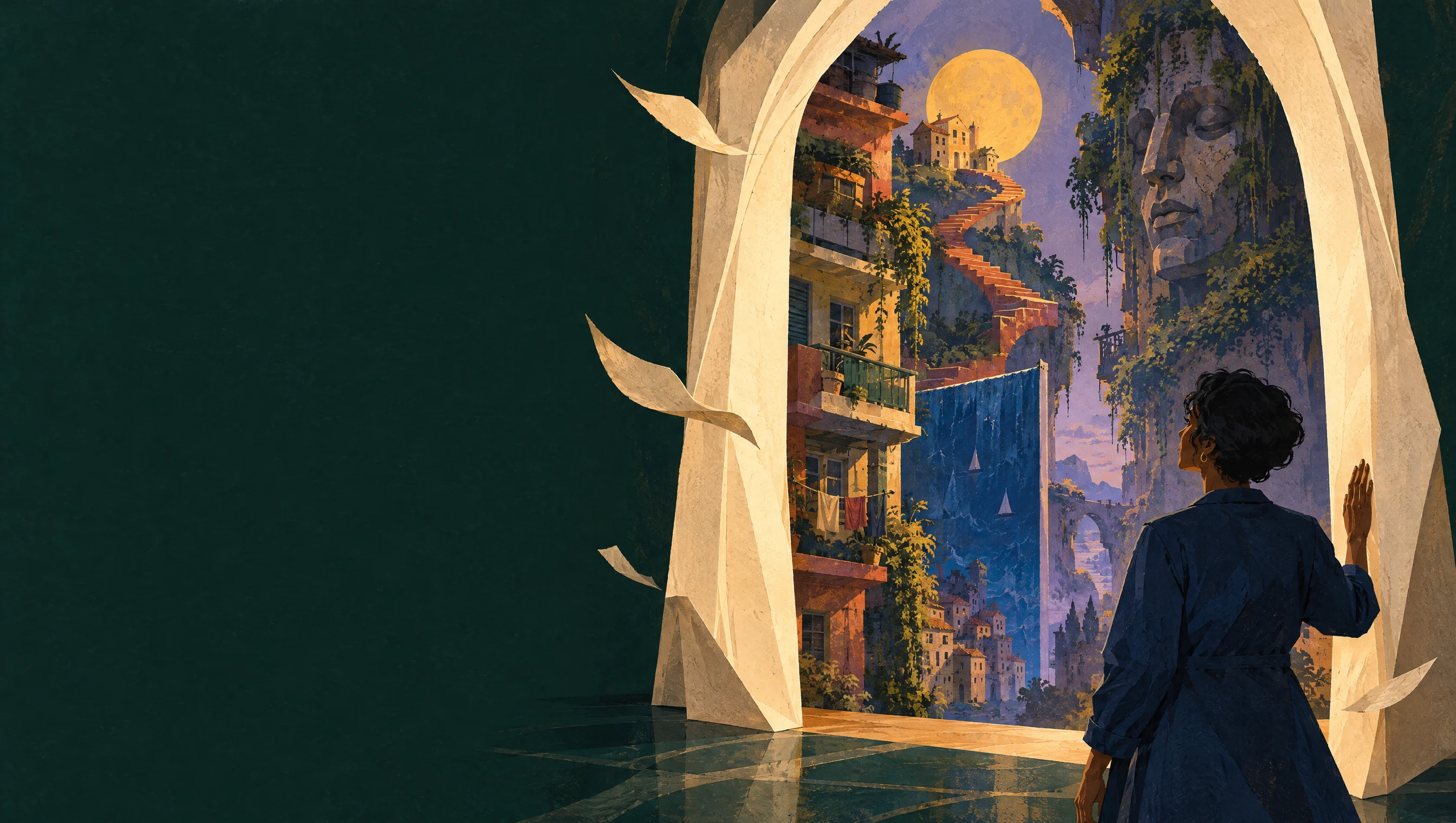 Uma autora abre um arco de papel para mundos impossíveis: escadarias, uma lua dourada e um colosso entre jardins